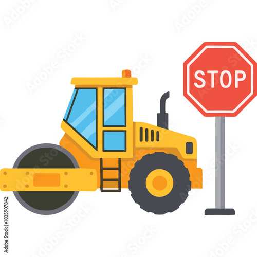 Yellow Road Roller Vehicle With Stop Sign On Black Background Construction Equipment And Traffic Control Safety Device In Flat Design Style