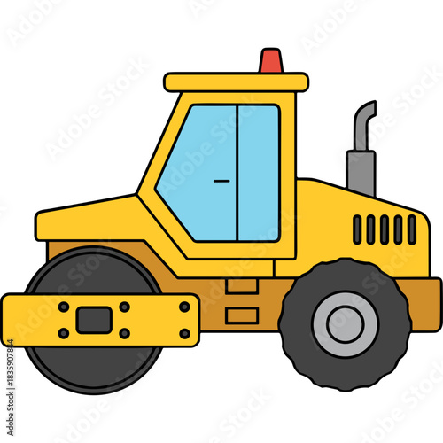 Yellow road roller vehicle with blue windows and red light on top parked on a black background studio shot simple illustration