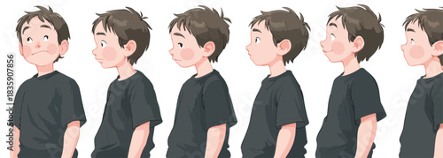 복부 비만 단계별 변화를 보여주는 어린 소년의 측면 일러스트레이션 시리즈