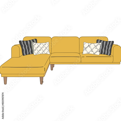 Yellow Sectional Sofa With Geometric Patterned Pillows and Striped Cushions Neutral Background Modern Comfort Furniture Arrangement Studio Shot Isolated on Black