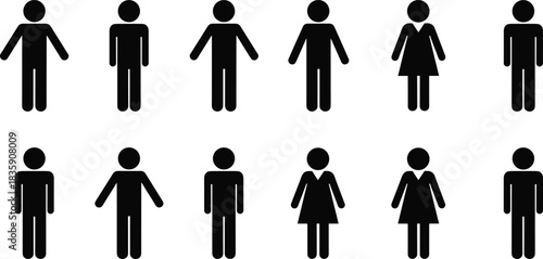 Row of stick figure men and women icons on a white background Keywords: stick figure, person, people, man, woman, male, female
