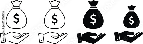 Set of money bag and hand icons in outline and solid black styles dollar sign