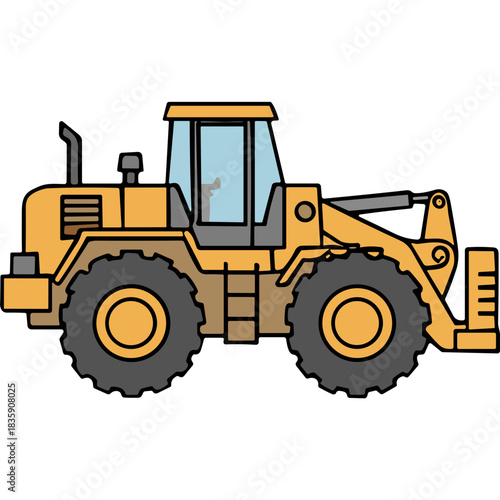 Yellow Wheeled Loader Construction Vehicle with Bucket and Cab on a Black Background