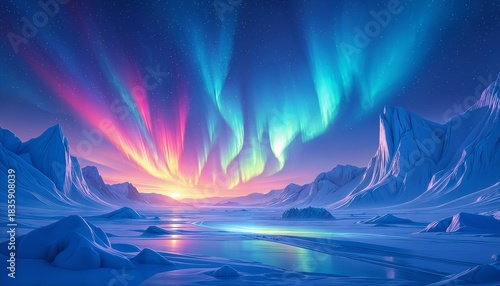 Vibrant aurora borealis over a frozen arctic landscape at dawn