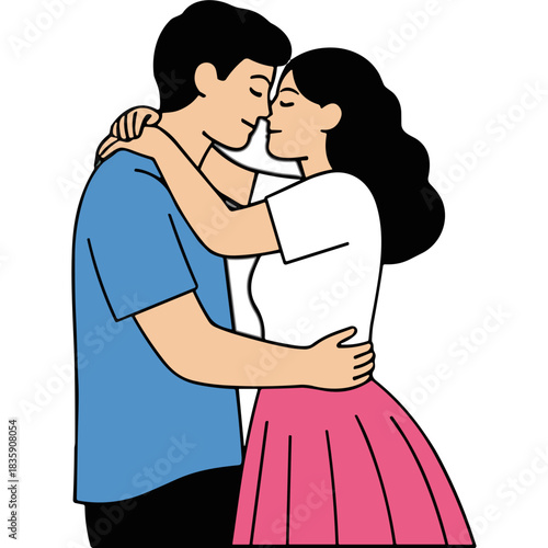 Young Couple Embracing Tenderly With Eyes Closed and Foreheads Touching Expressing Love and Affection Against a Simple Background Wearing Casual Blue Shirt and Pink Skirt