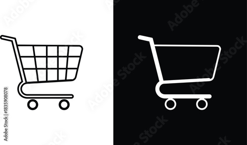 Shopping Cart Icons Black and White Line Art on White and Black Backgrounds ecommerce retail