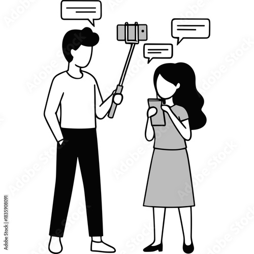 Young Couple Using Selfie Stick and Smartphone for Recording Video or Taking Photos Together With Speech Bubbles Indicating Communication In Minimalist Style