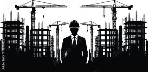 Silhouette of an Engineer Against a Construction Site with Cranes and Buildings Keywords: construction, engineer, silhouette