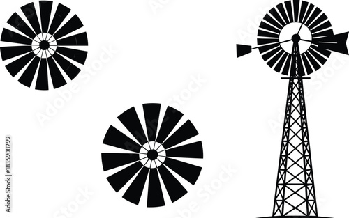 Silhouette Windmills and Wind Turbine Blades on White Background rotor