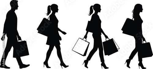 Silhouettes of shoppers with shopping bags walking person woman