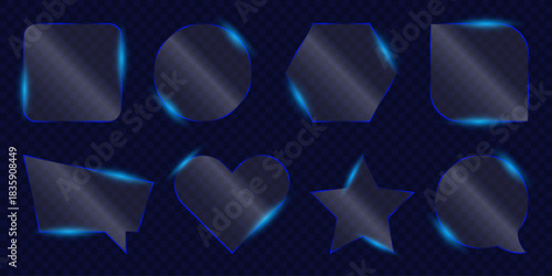 Set of 3d liquid glass shape, blue transparent geometric symbol or light frame square, circle, heart, star and message with drak background and glitter blue light