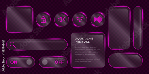 3D Liquid glass smartphone interface isolated. UI UX light frame rounded square and circle elements with a glow stroke. Collection design widget for smartphone and web app.