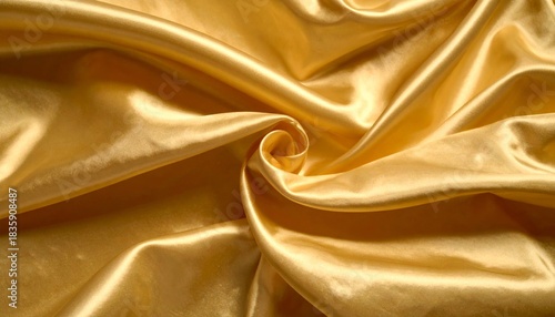 Close-up of luxurious golden satin fabric with elegant folds and a central swirl pattern, reflecting light beautifully.