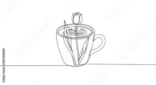 Line drawing of a steaming cup of coffee with a spoon placed inside, featuring elegant contours and a minimalist design on a transparent background