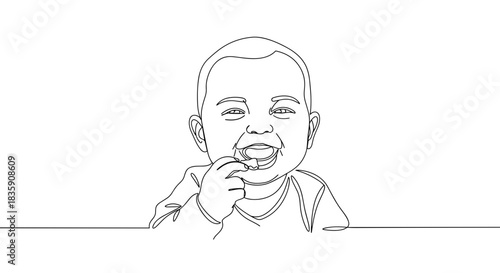 Line drawing of a happy infant smiling while sitting and enjoying a snack, on a transparent background