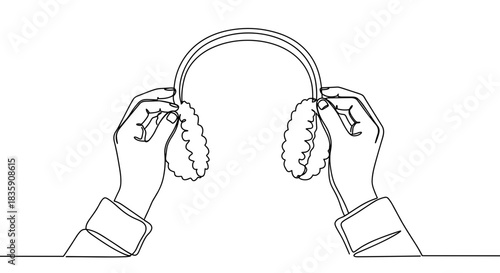 Line drawing of a person with headphones adjusting them while enjoying music on a transparent background