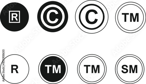 Trademark and Copyright Symbols Including RC and TM Icons vector illustration