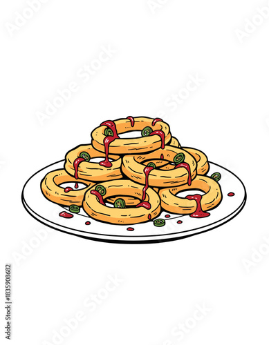 Fried Onion Rings on Plate.Hand Drawn Snack Food Vector.Onion Rings Doodle Style.Spicy Fast Food Appetizer.Battered Rings with Jalapeños