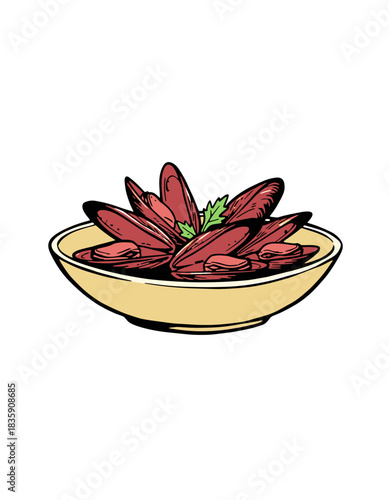 Steamed Mussels in a Bowl.Delicious Seafood Dish.Engraved Shellfish Art.Comic Style Appetizer.Gourmet Marine Cuisine