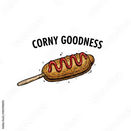 Corny Goodness Corn Dog Design.Hand Drawn Fast Food Snack.Vector Corn Dog Illustration.Street Food Graphic Print.Fried Hot Dog Sketch