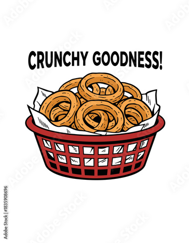 Crunchy Onion Rings Basket Art.Retro Diner Fried Food Illustration.Delicious Snack Vector Graphic.Hand Drawn Fast Food Icon.Appetizer Basket Design