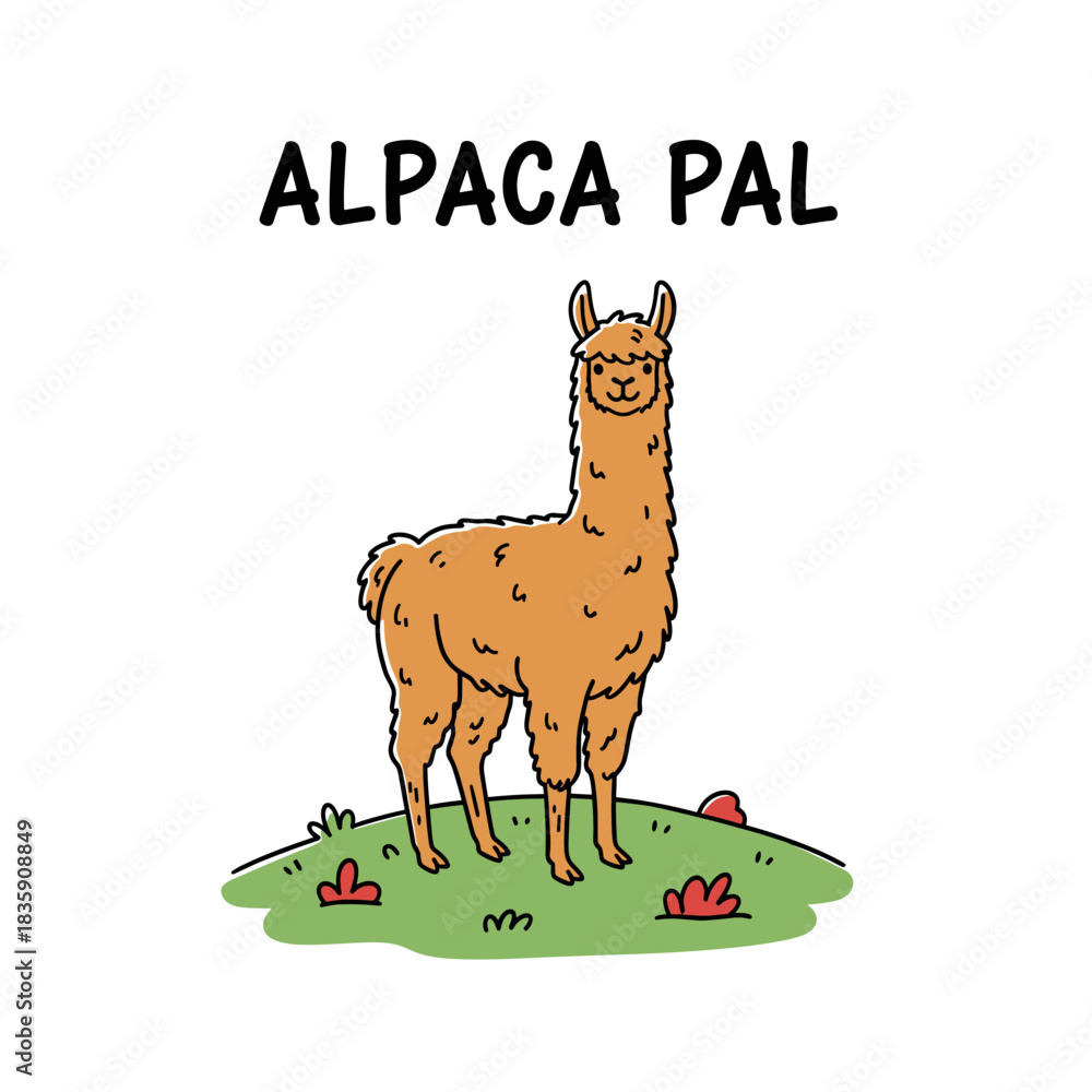 Obraz premium Cute Alpaca Pal Illustration.Cartoon Llama Mascot Design.Hand Drawn Furry Animal.Doodle Style Farm Creature.Vector Alpaca Sticker Art