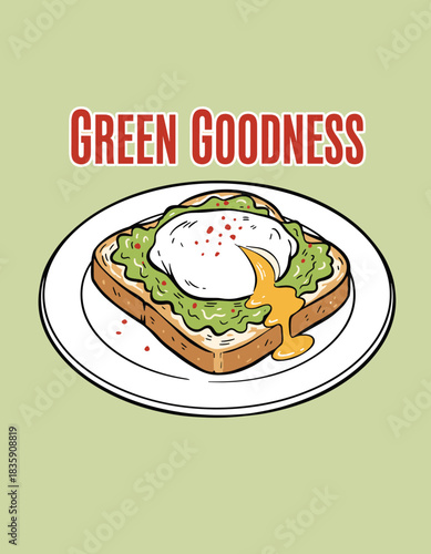 Gourmet Avocado Toast Illustration.Runny Poached Egg on Toast.Healthy Brunch Food Vector Art.Hand Drawn Breakfast Sticker.Green Goodness Retro Design