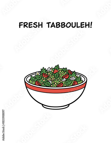 Fresh Tabbouleh Salad Doodle.Healthy Middle Eastern Food.Comic Style Tabbouleh Bowl.Parsley Mint Salad Vector.Delicious Vegan Appetizer