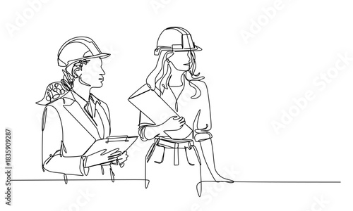 Continuous one line drawing of female architect holding blueprint paper. Single line drawing illustration of woman construction worker. Work profession concept vector art. Doodle line illustration.