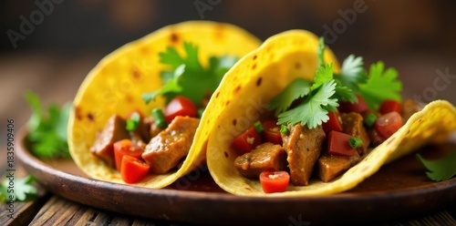 Fototapeta Naklejka Na Ścianę i Meble -  Two corn tortillas filled with seasoned meat, side-by-side , fresh, colorful, savory
