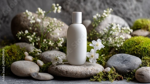 Minimalist White Cosmetic Bottle on Natural Stones and Green Moss with White Flowers in Spa Setting
