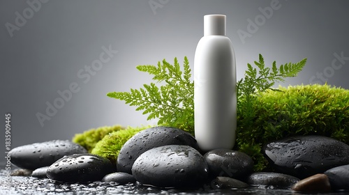 White Cosmetic Bottle with Green Fern and Black Stones on Wet Surface in Spa Setting