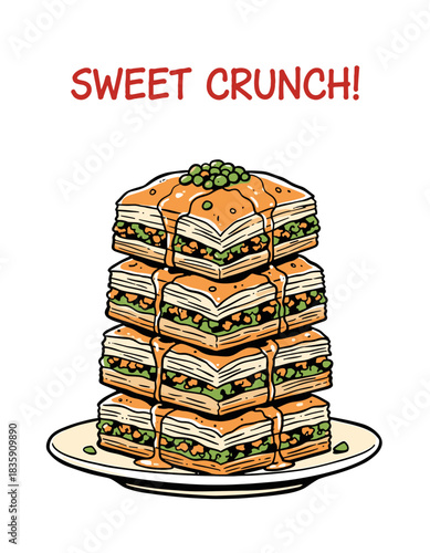 Sweet Crunch Baklava Stack.Delicious Turkish Dessert.Layered Pastry Illustration.Traditional Eastern Food Art.Cartoon Baklava Tower