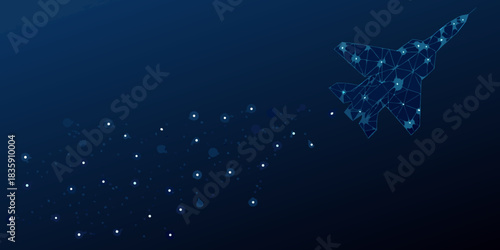 Low polygon fighter jet with trail on dark blue background