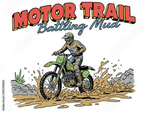 Motocross rider battling mud.Dirt bike trail vintage design.Motor trail retro illustration.Enduro racing extreme sport.Off road motorcycle vector