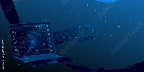 Digital hand interacting with laptop in a futuristic blue technology design