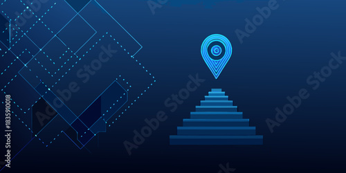 Ascending steps to location pin in a modern blue abstract design