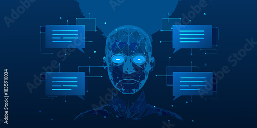 Ai communication concept with robot head and speech bubbles in blue