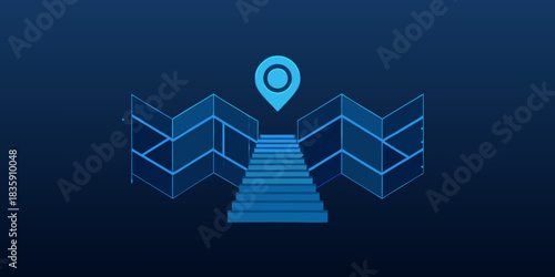 Abstract map and stairs leading to location pin in blue tones