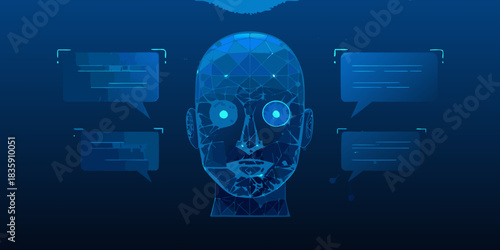 Artificial intelligence head with speech bubbles for chatbot and communication concept