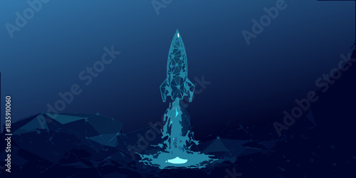Low poly rocket launching into space with abstract blue background