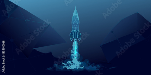 Low poly rocket launching into space with digital geometric shapes