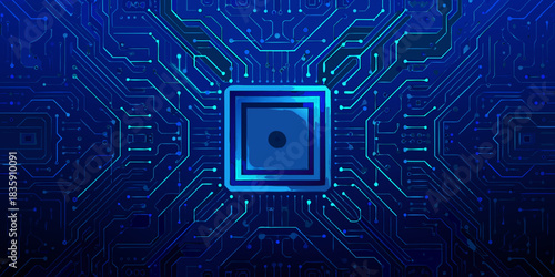 Blue circuit board with central processor unit for technology background