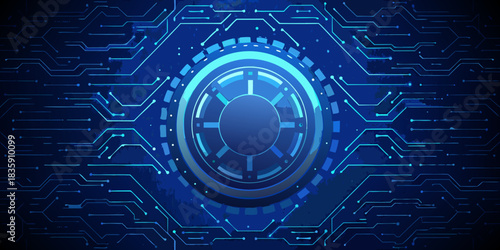 Abstract blue technology background with circuit board and central circular element