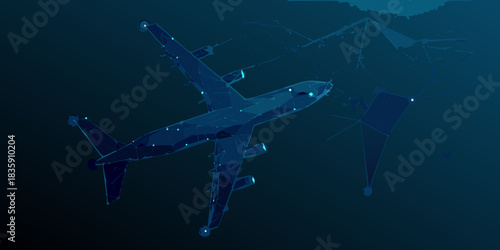 Low poly airplane illustration in dark blue tones with connected network