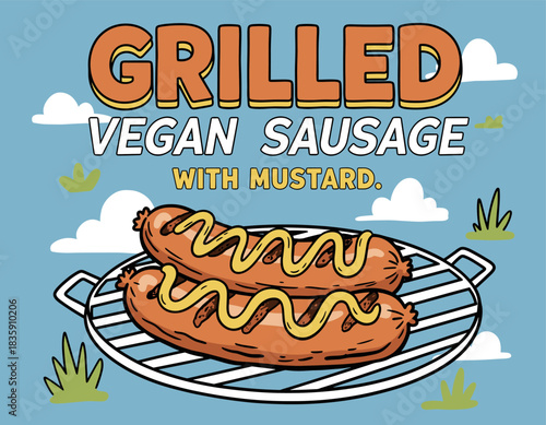 Vegan Sausage BBQ Poster.Grilled Plant Based Hot Dog.Meatless Sausage Illustration.BBQ Grill Vegan Food Art.Mustard Bratwurst Retro Style