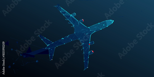 Abstract airplane illustration in blue with red accents on a dark background