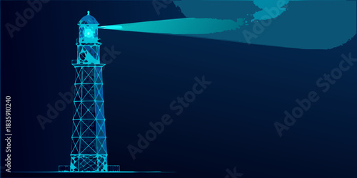 Abstract lighthouse illustration with glowing beam on dark blue background