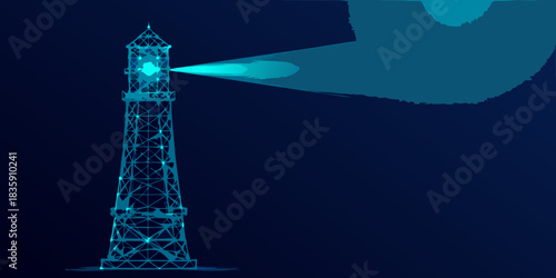 Abstract lighthouse illustration with light beam on dark blue background