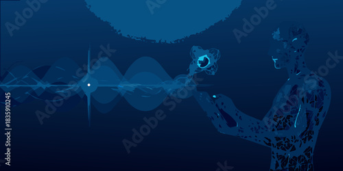 Abstract man manipulating energy with digital flower in dark blue